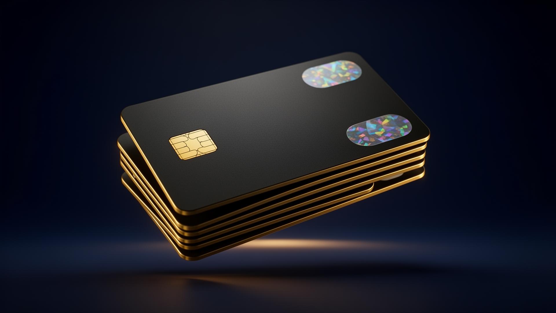 Stack of premium black crypto debit cards with gold edges